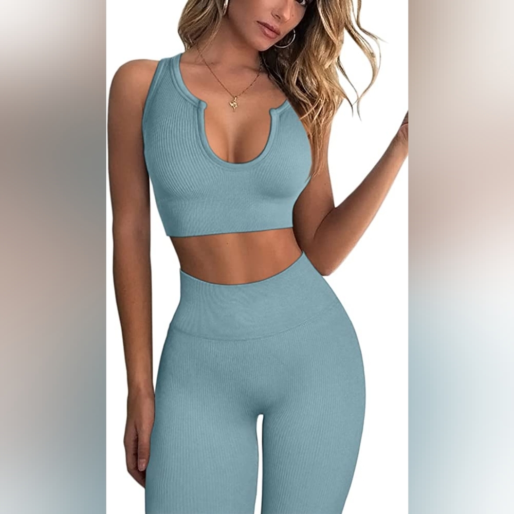 NWOT Amazon 2 Piece Ribbed Seamless Crop Tank High Waist Leggings Set in Blue